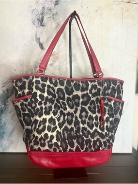 Coach Park Ocelot Print Carrie Large Tote in Red w/ Leather Straps